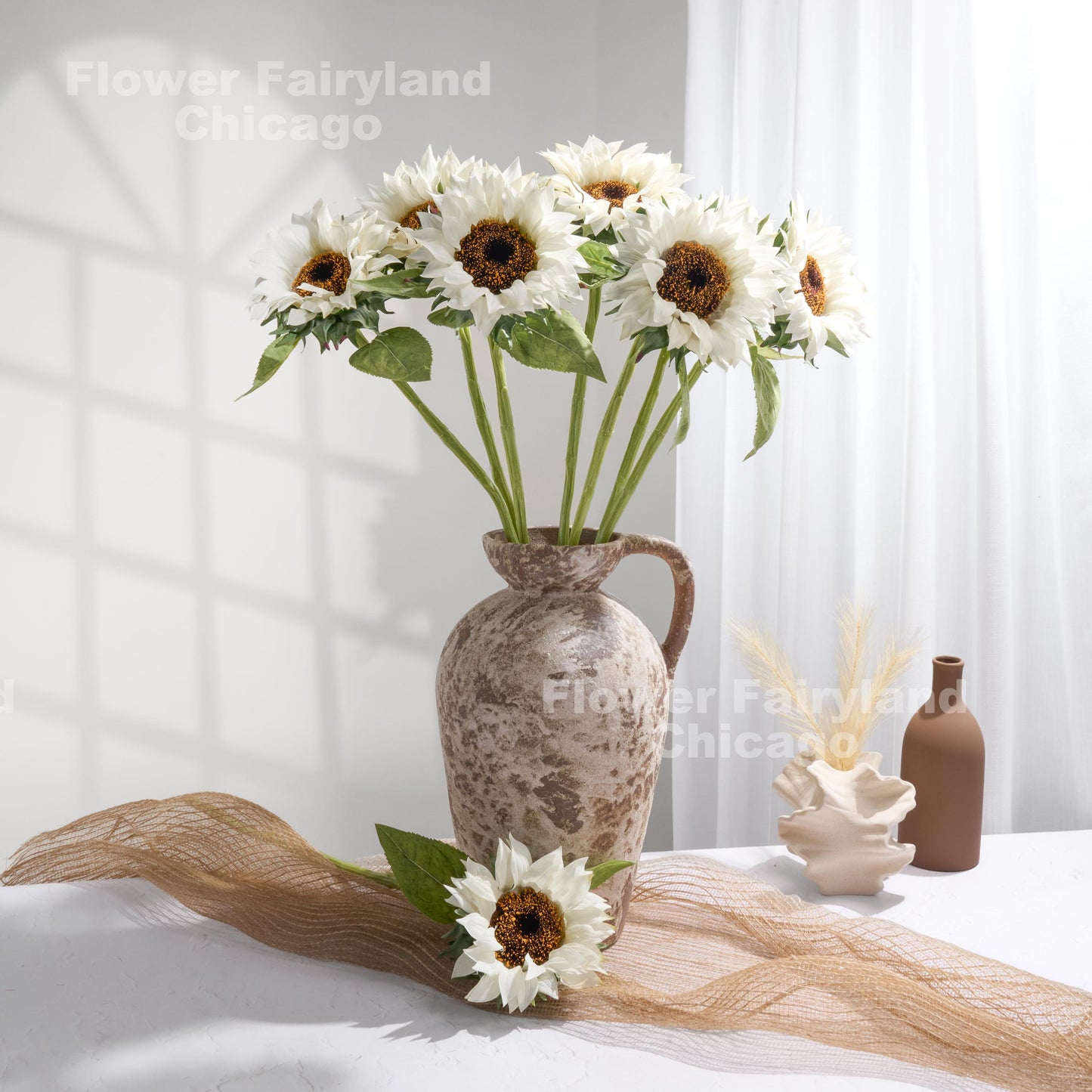 White real touch sunflower blooms