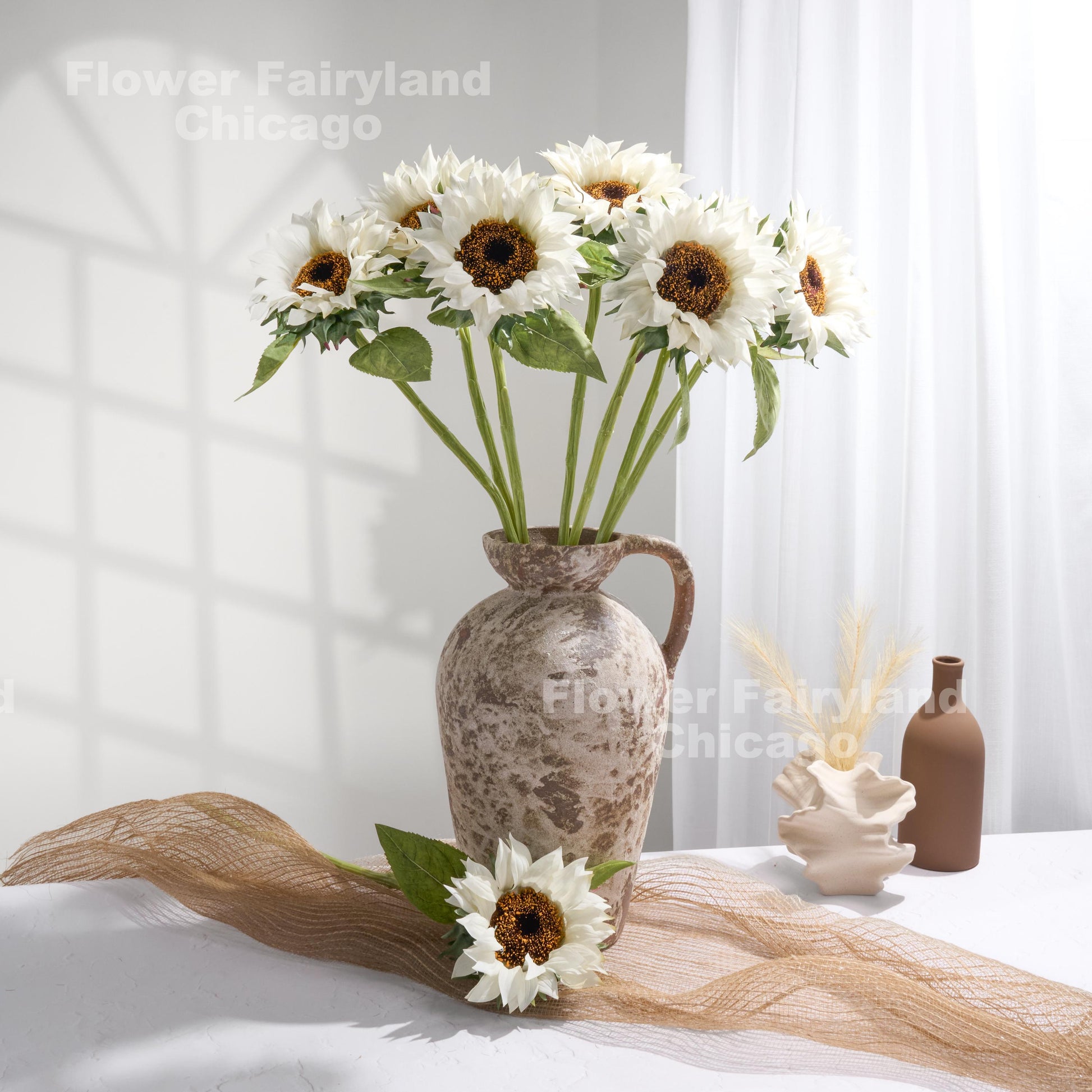 White real touch sunflower blooms