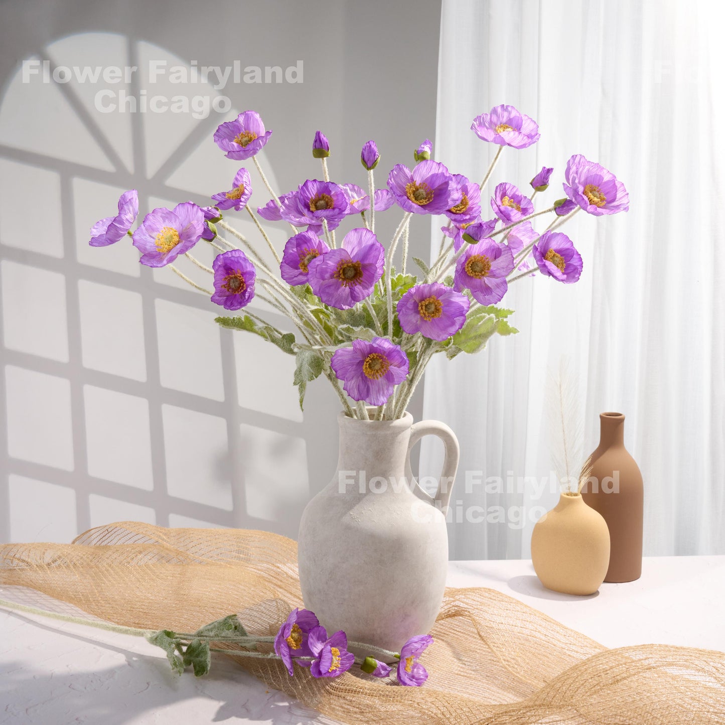 Violet purple poppies styled scene