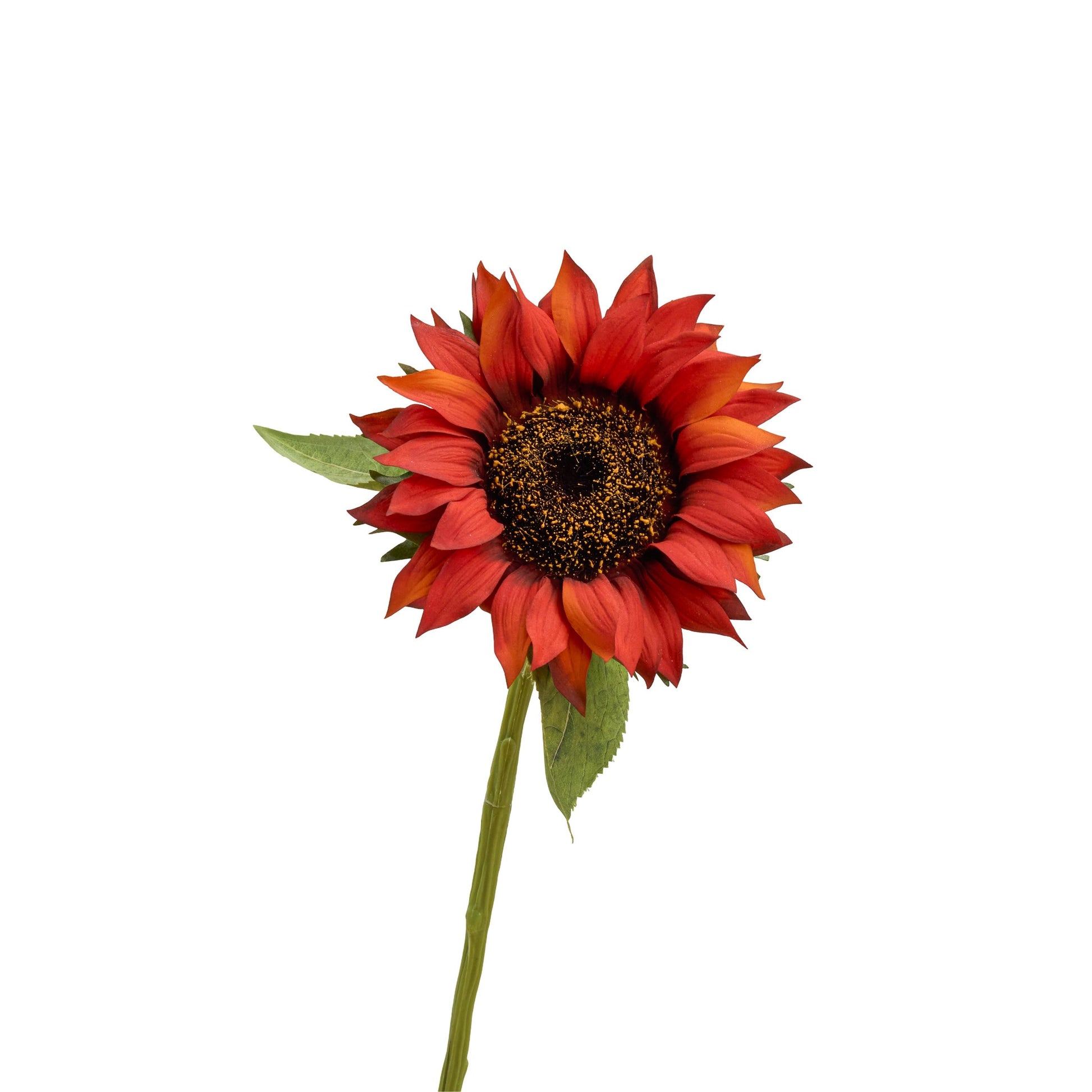 Real touch sunflower stem in fire red - bloom close-up