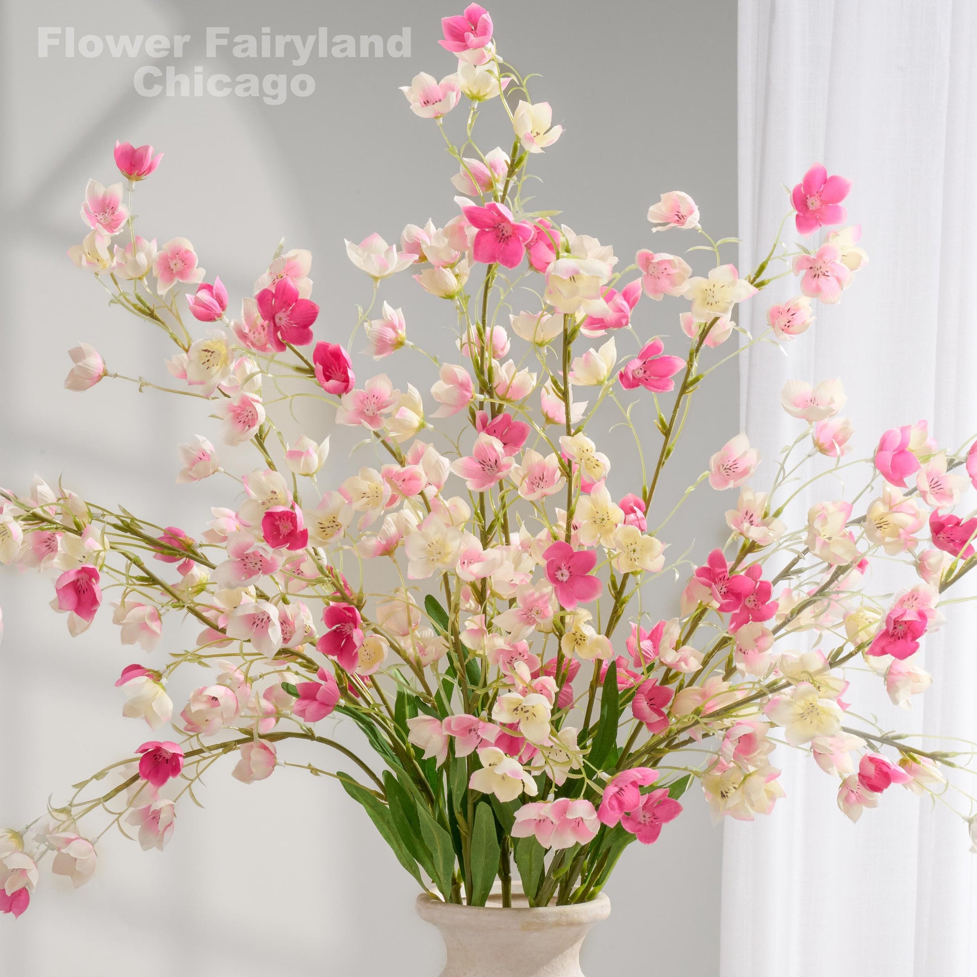 37 inch faux Enkianthus quinqueflorus stem in pink - bell flowers close-up