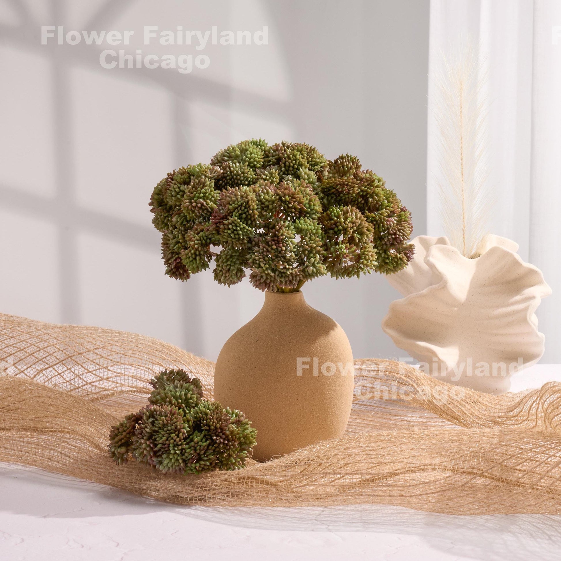 Mauve and sage green sedum cluster arrangement