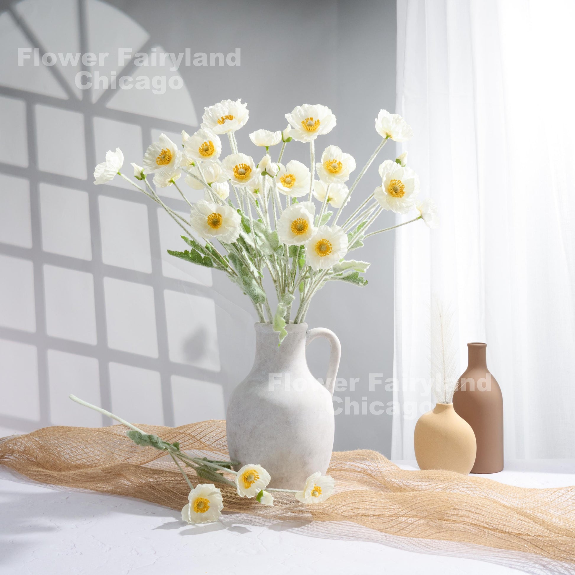 White poppies styled scene