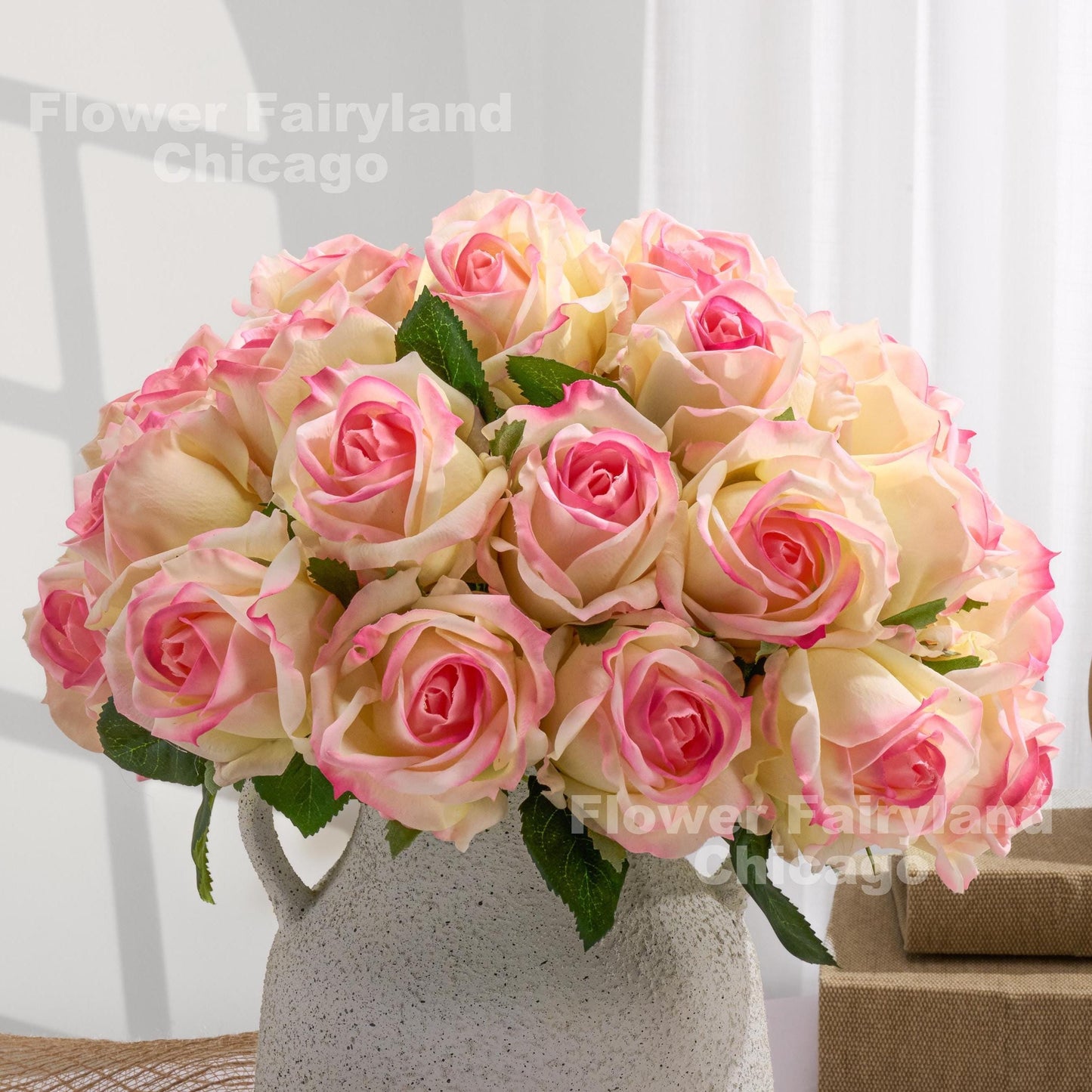Yellow pink rose arrangement scene