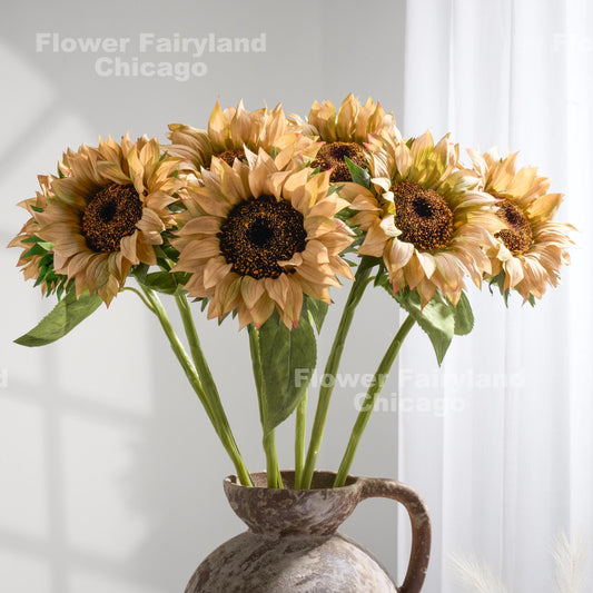 Mocha beige real touch sunflowers styled in a vase