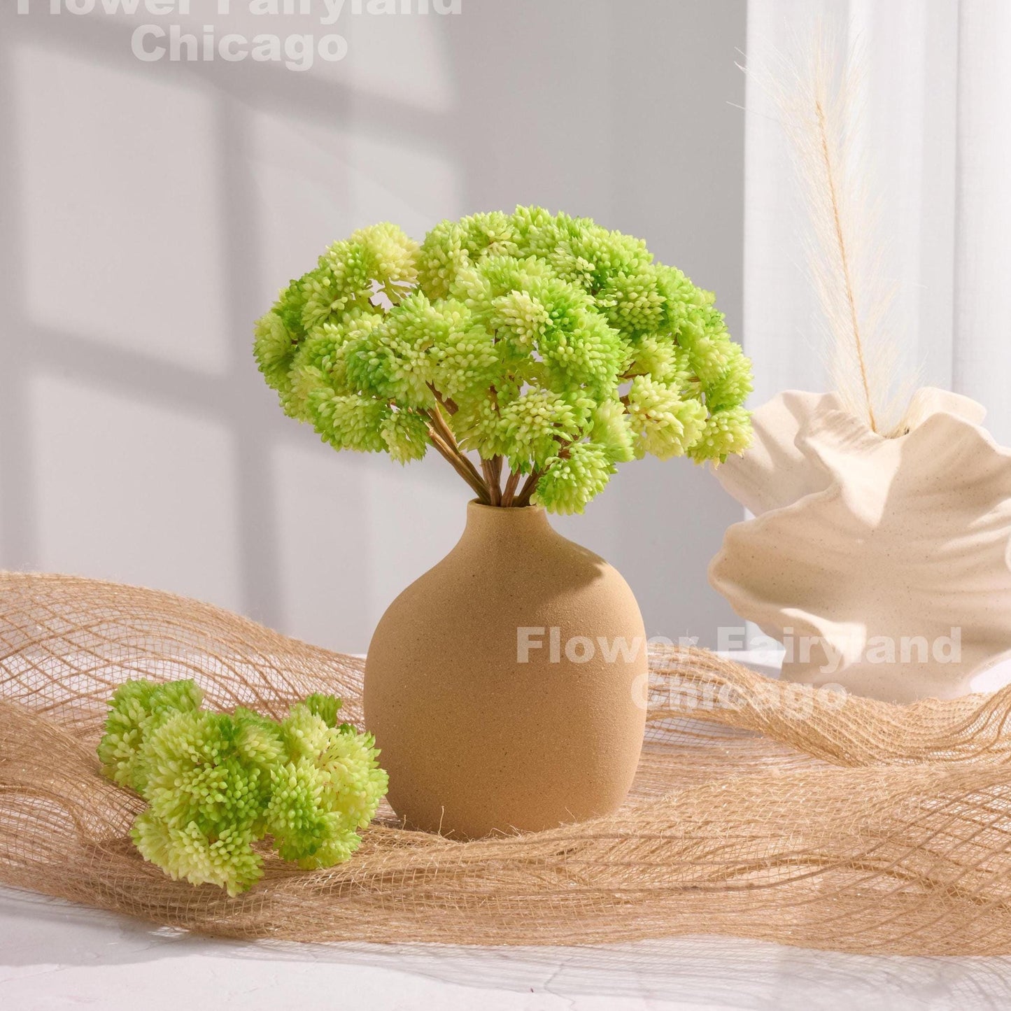 Light green sedum cluster arrangement in a vase