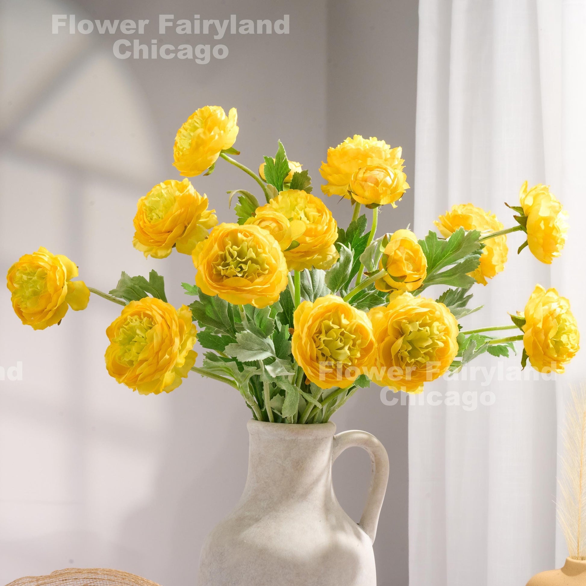 Bicolor yellow 3 head faux ranunculus stems in vase