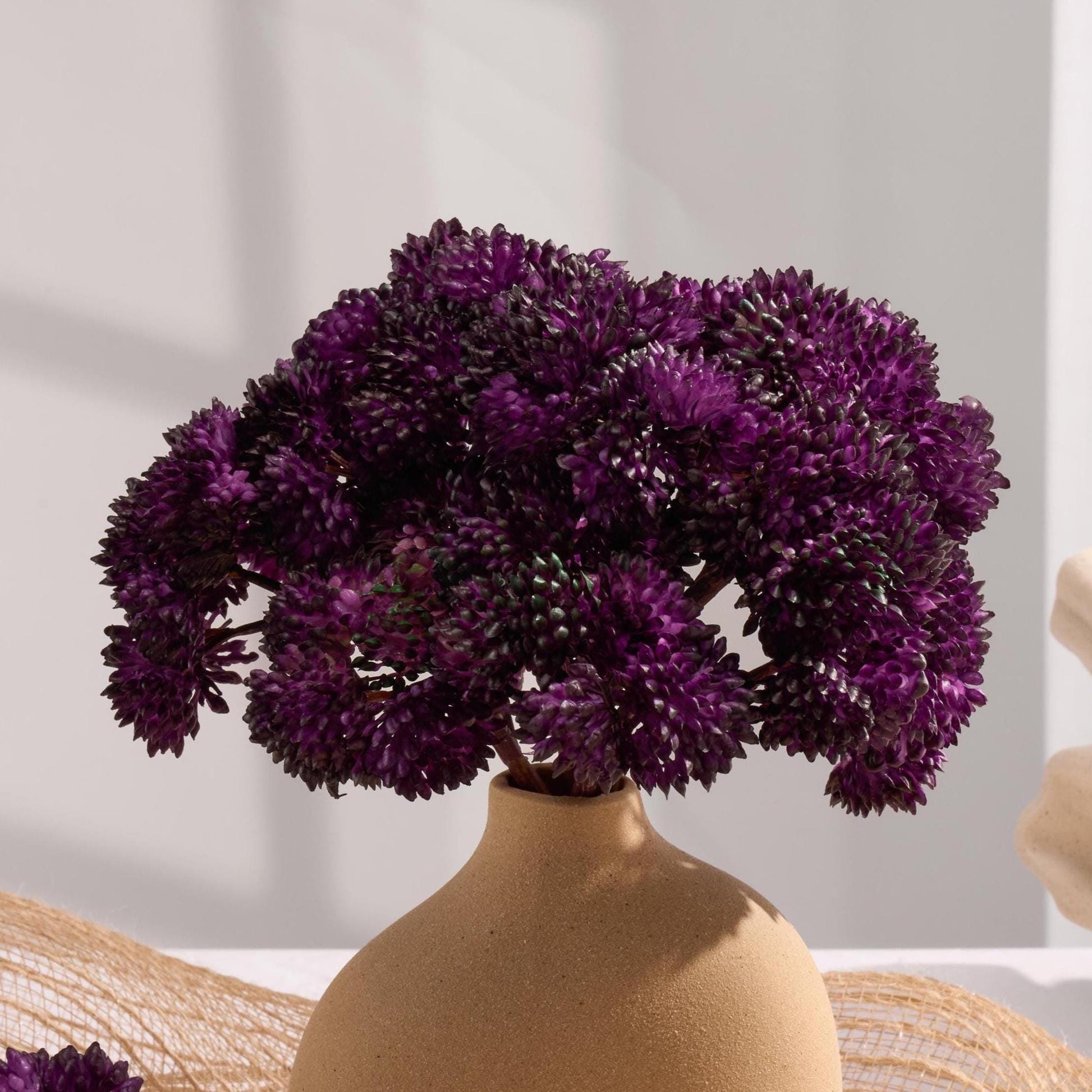 Dark purple sedum clusters styled in a vase