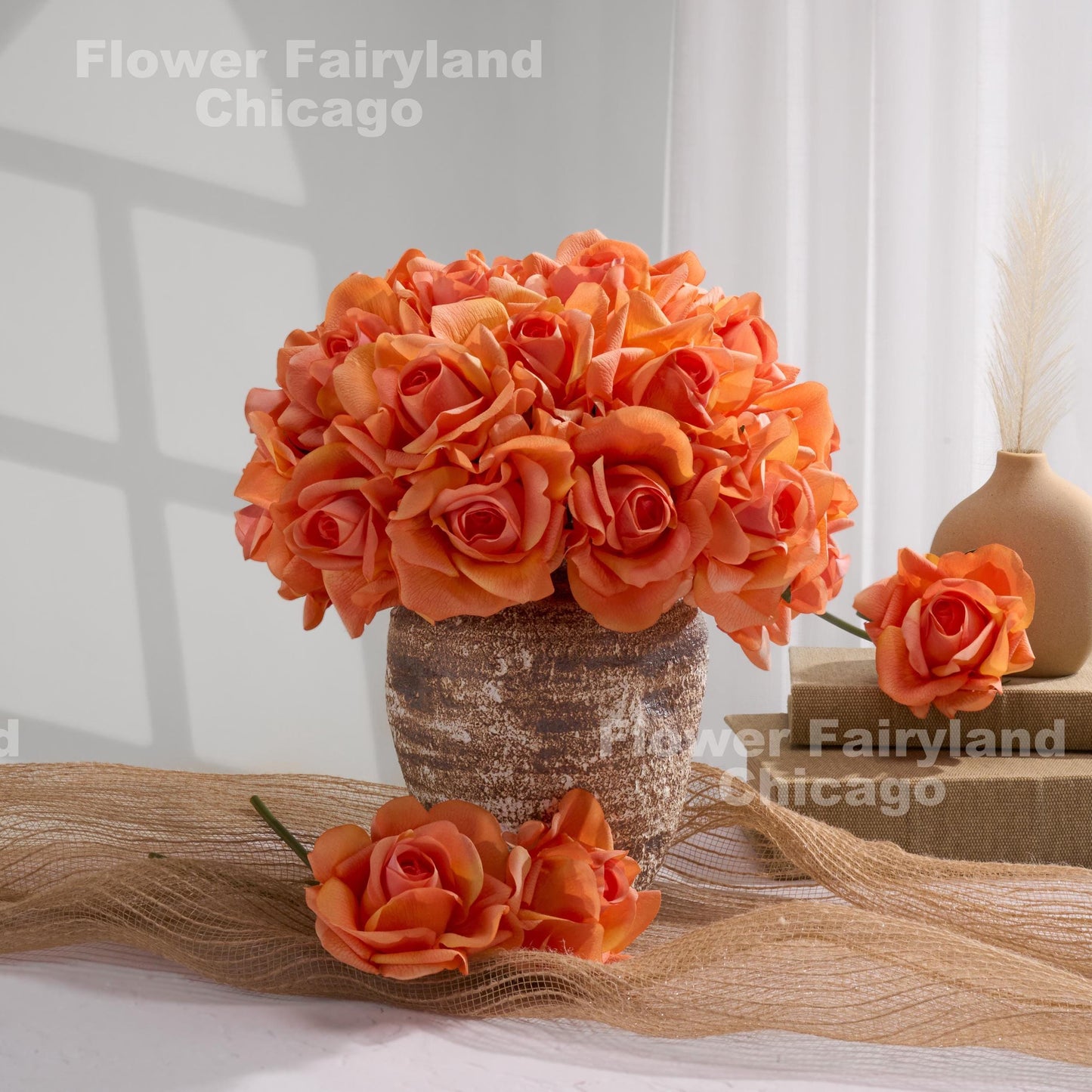 Orange moist latex roses in vase