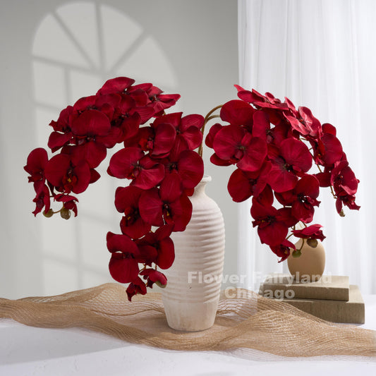 Deep red orchids styled in a cream vase