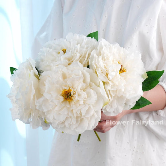 Faux huge peony stem in white - bloom close-up