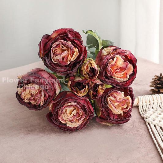 32" 8 Stems Dried Look Peony and Rose Bouquet - Burgundy