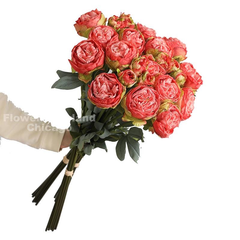Coral red dried look peony and rose bouquet close-up