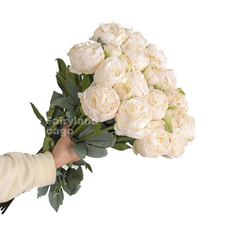 Milky white dried look peony and rose bouquet detail