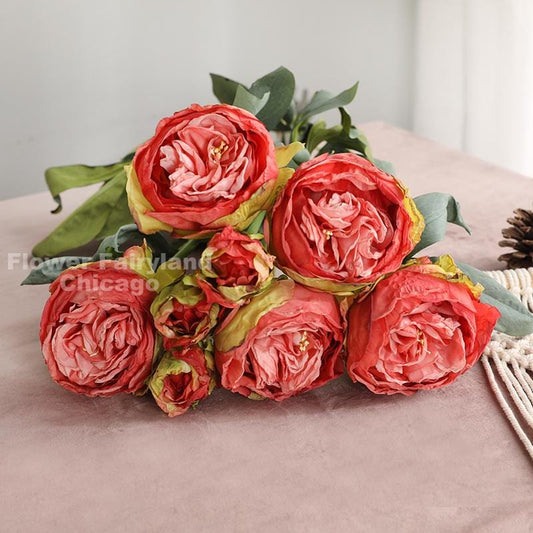 32" 8 Stems Dried Look Peony and Rose Bouquet - Coral Red