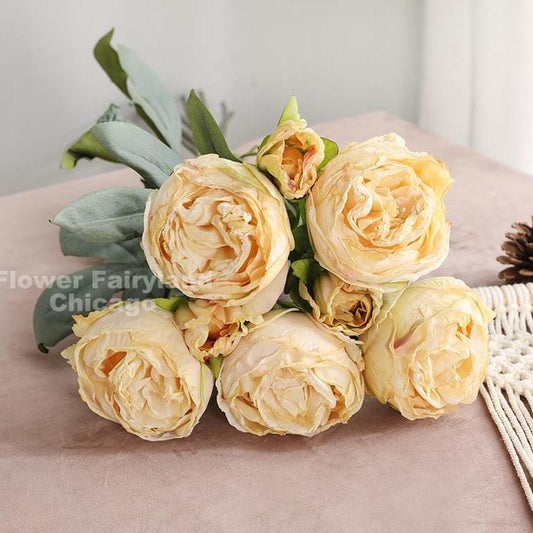 32" 8 Stems Dried Look Peony and Rose Bouquet - Yellow