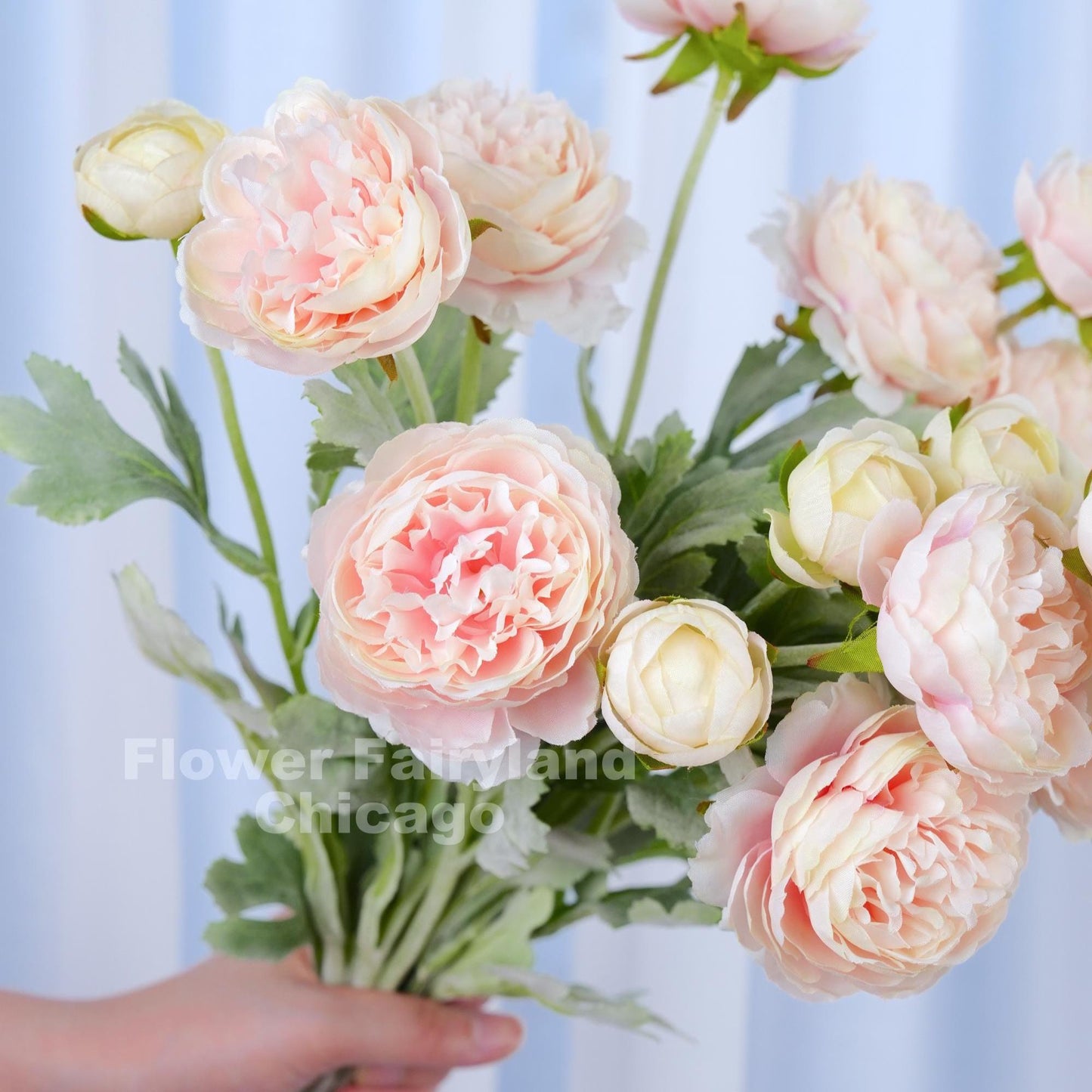 Pale pink 3 head faux ranunculus stems in vase