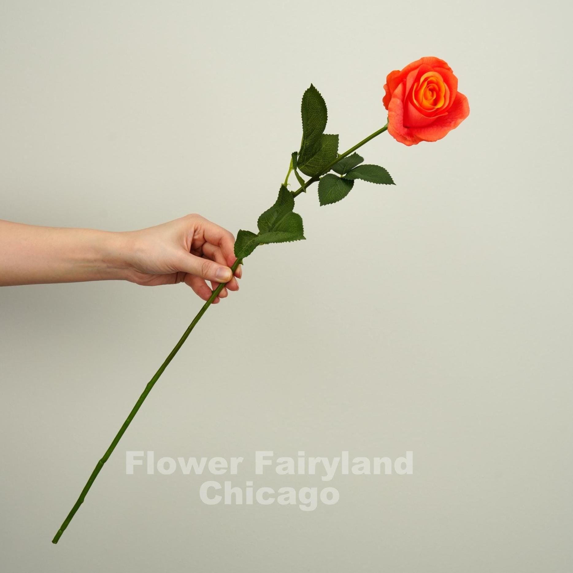 Real touch half opened rose single long stem in orange ombre