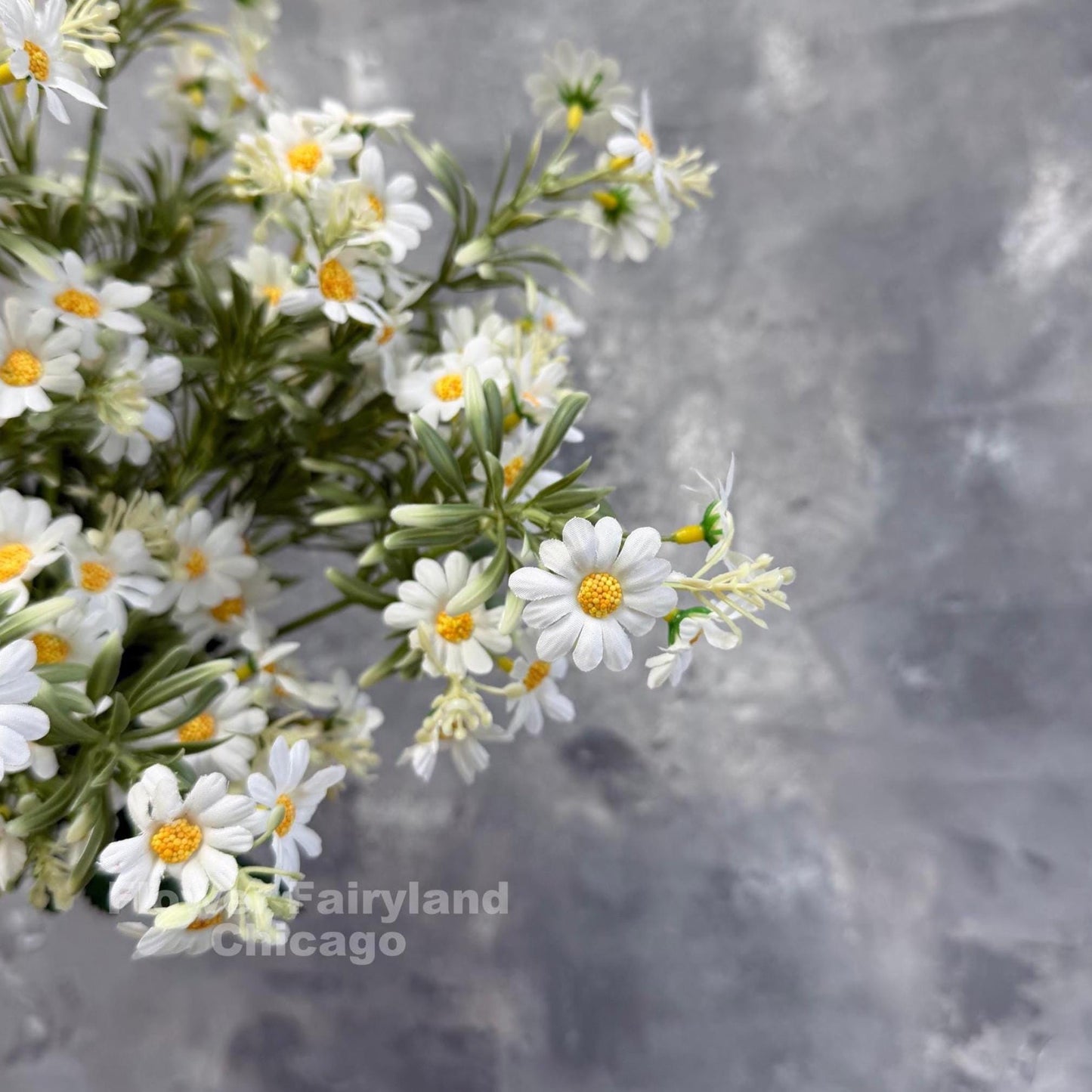 White faux chamomile daisy spray close up