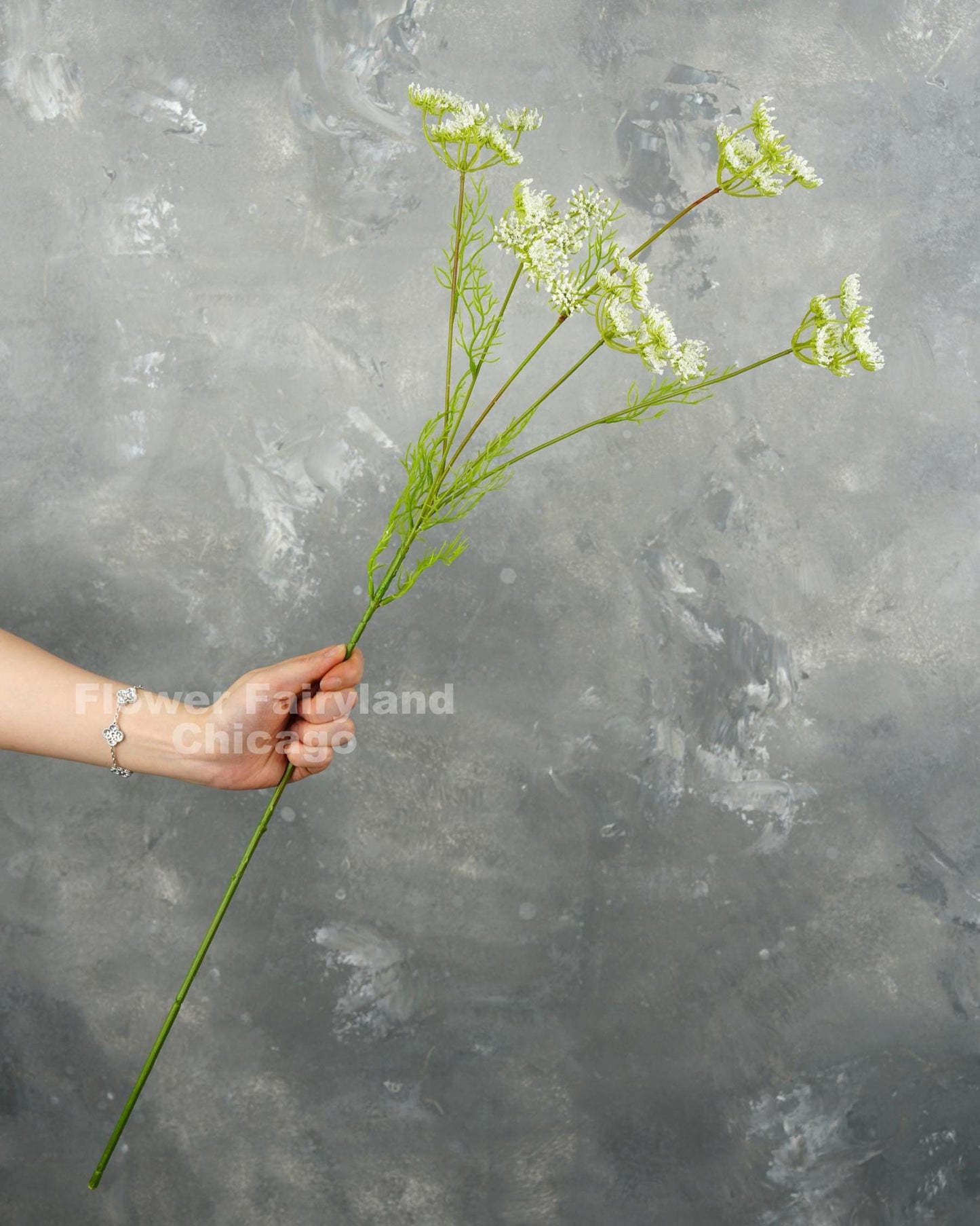 Faux Queen Anne's lace branch in white held in hand