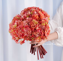 Load image into Gallery viewer, 3 Stems Dried Look Faux Hydrangea Bundle - Coral Red
