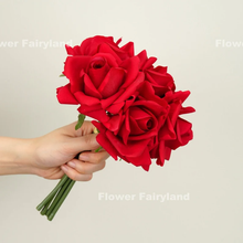 Load image into Gallery viewer, 5 Stems Real Touch Moist Latex Rose Bouquet - Bright Red
