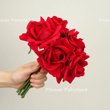 Load image into Gallery viewer, 5 Stems Real Touch Moist Latex Rose Bouquet - Bright Red
