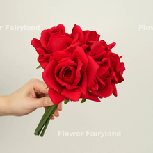 Load image into Gallery viewer, 5 Stems Real Touch Moist Latex Rose Bouquet - Bright Red
